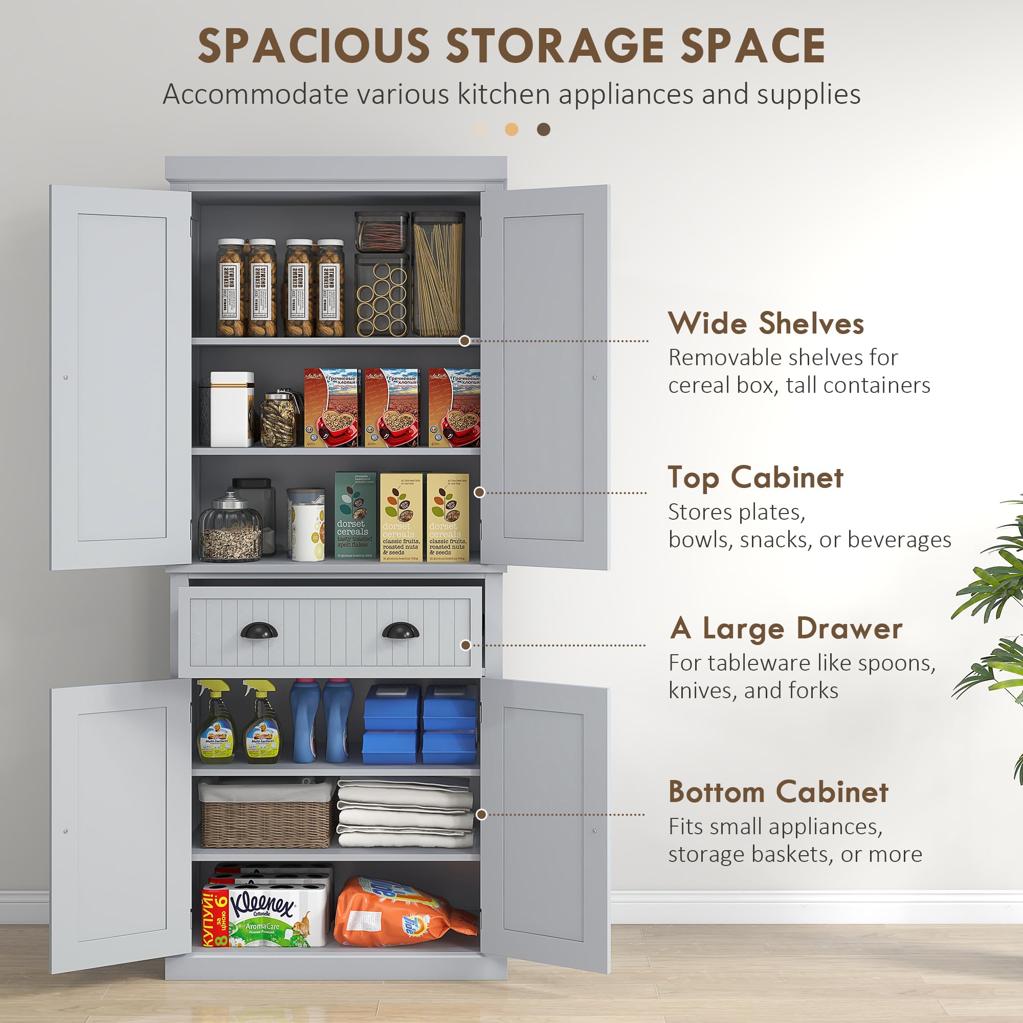 Homcom 72' Traditional Kitchen Pantry Cabinet, Freestanding Tall Storage Cabinet With 4 Doors, Drawer And 3 Adjustable Shelves For Dining Room, Gray