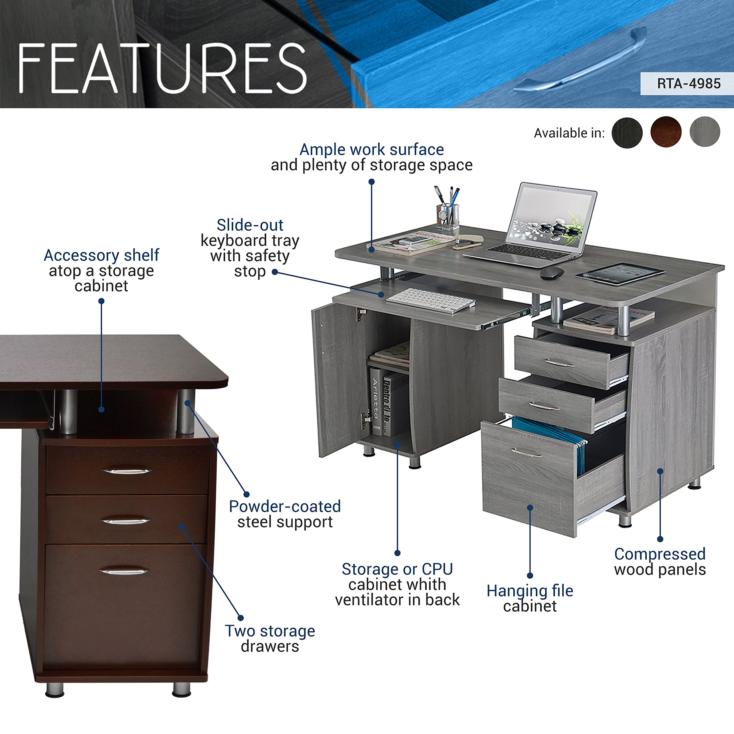 Techni Mobili 47.25" Ergonomic Computer Drawers & File Cabinet for Home Office Storage, Espresso Writing Desk, ONE Size