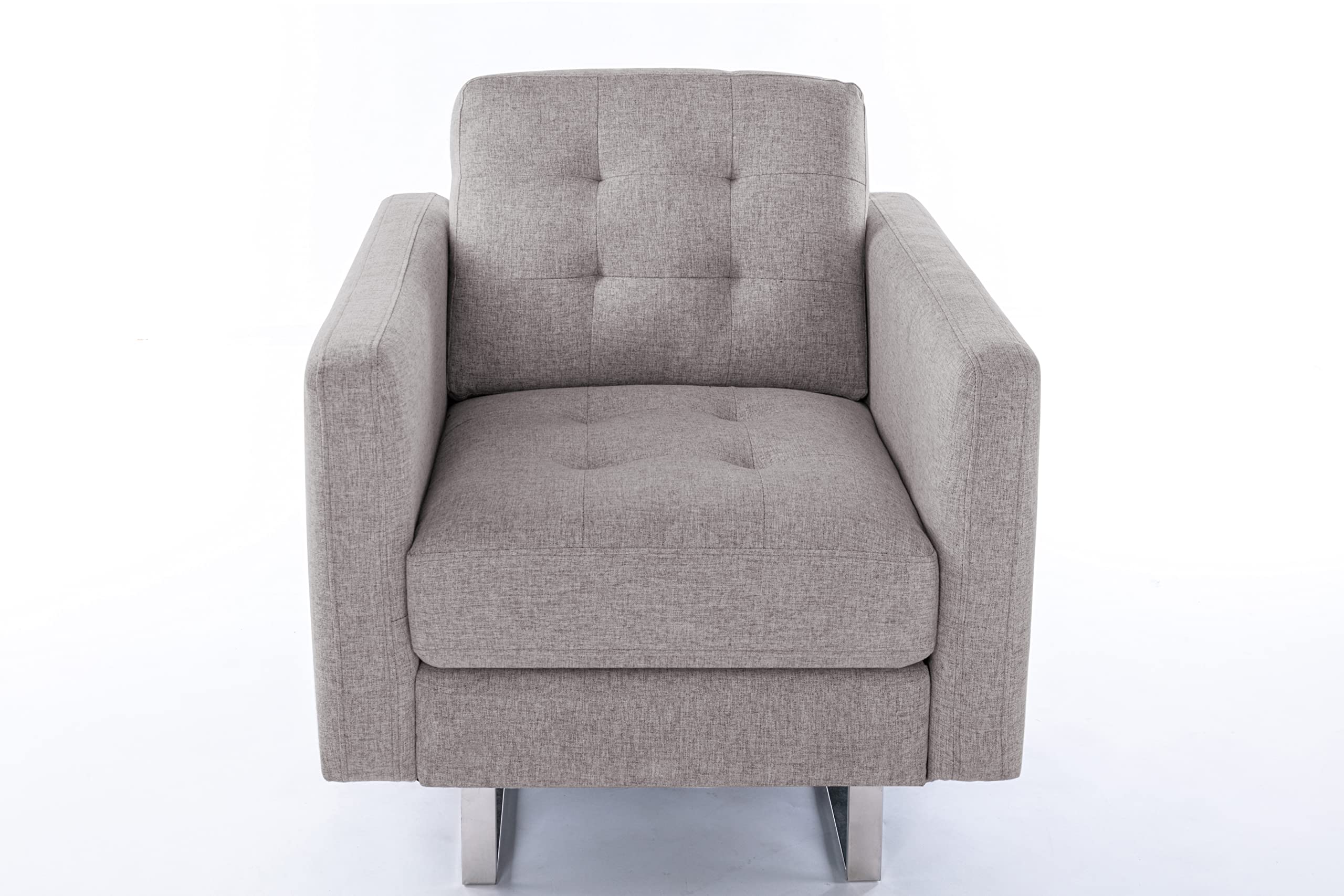 Lilola Home Victoria Beige Linen Fabric Armchair with Metal Legs, Side Pockets, and Pillow