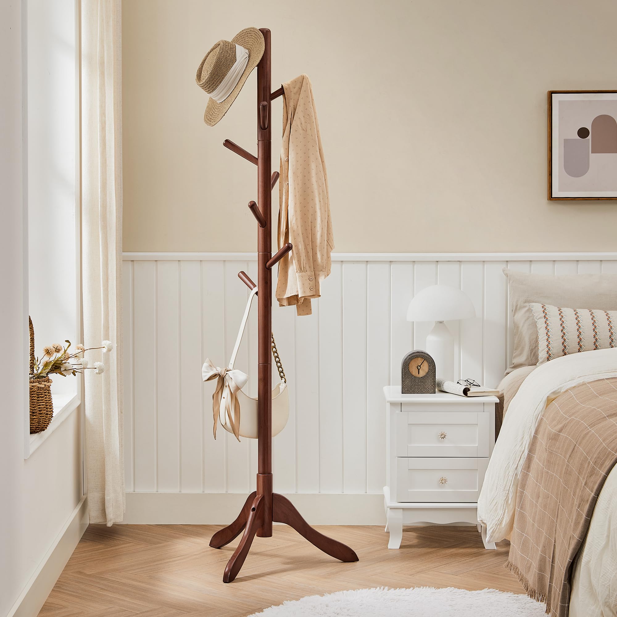 Vasagle Solid Wood Coat Rack, Free Standing Coat Rack, Tree-Shaped Coat Rack With 8 Hooks, 3 Height Options, For Clothes, Hats, Bags, For Living Room, Bedroom, Home Office, Dark Walnut Urcr01Wn