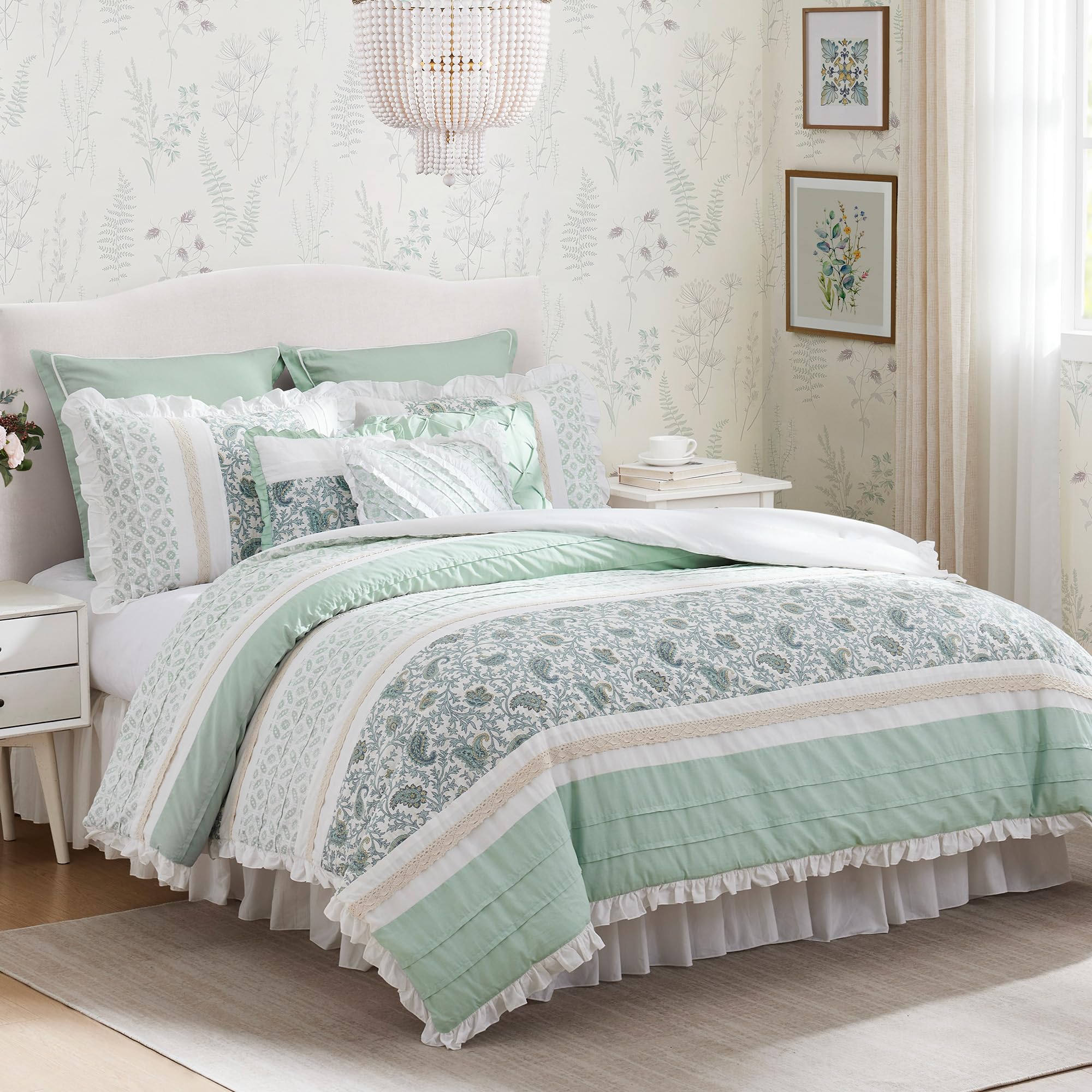 Madison Park Dawn 100% Cotton Shabby Chic Comforter Set-Modern Cottage Design All Season Down Alternative Bedding, Matching Shams, Bedskirt, Decorative Pillows, King(104'X92'), Aqua 9 Piece