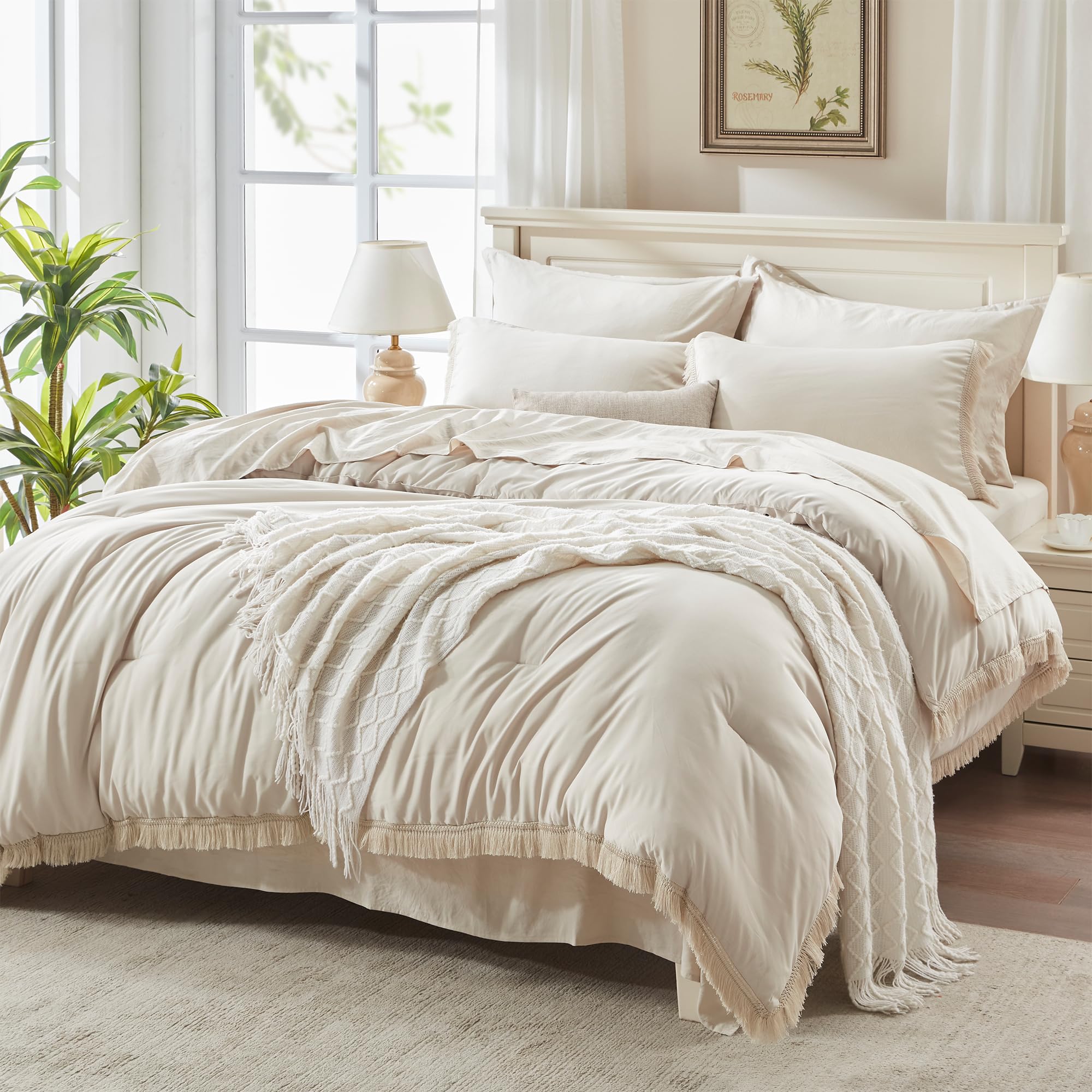 Andency Pink Full Size Comforter Set With Sheets - 7 Pieces Boho Tassel Bed In A Bag Soft Lightweight Bedding Sets, Pink Fringe Bed Set With Comforter, Sheets, Pillowcases & Shams