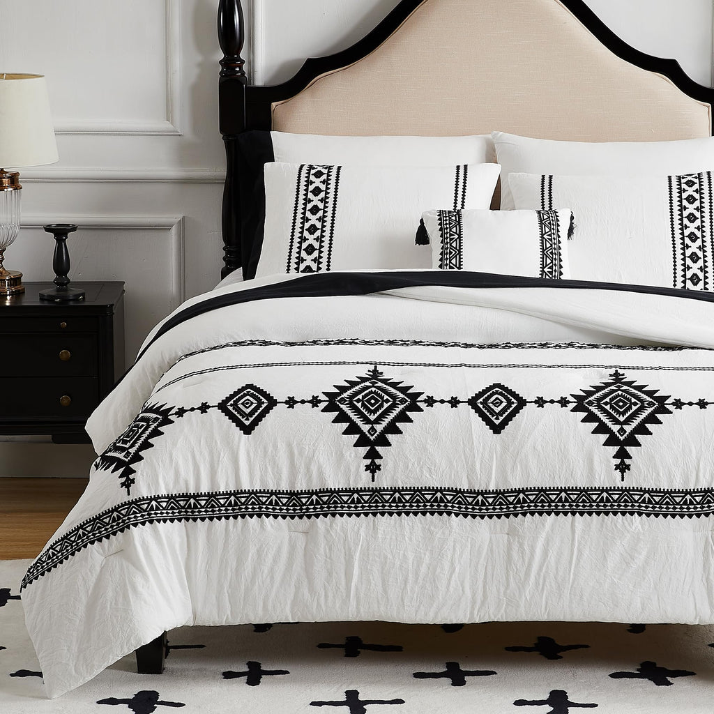 MAIREVE White Boho Comforter Set Queen 8 Piece with Embroidery, Western Farmhouse Queen Bedding Sets with Comforters, Sheets, Be