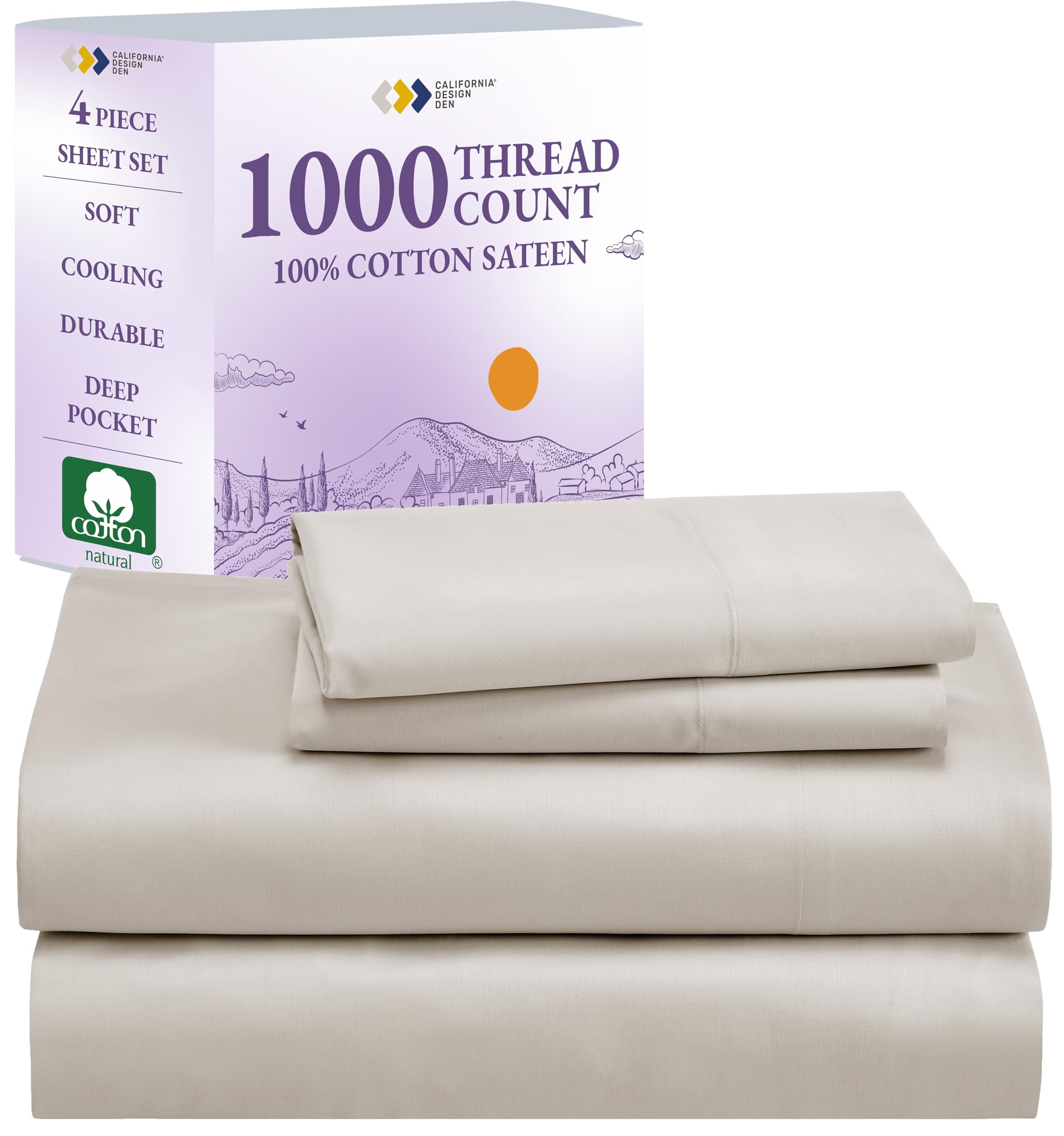 California Design Den 1000 Thread Count Sheets Queen Set, Winner Architectural Digest Best Sheet, Luxury 100% Cotton Sateen Bed