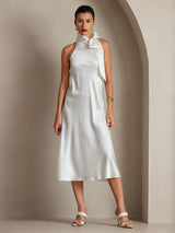 White sleeveless silk tie-neck midi dress with straight fit
