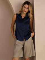 [Dark Blue] SilkSilky  Sleeveless Lapel Collar Women's Shirts 006