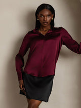 Burgundy silk long sleeve lapel shirt with flap chest pockets and concealed placket