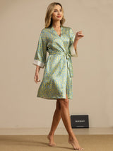 Leopard print silk knee-length kimono robe with belted waist and 3/4 sleeves