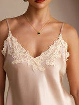 [Pink] Beige Mulberry silk camisole top with V-neck, spaghetti straps and lace trim 004