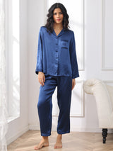 [Dark Blue] SilkSilky  Long Sleeve Lapel Collar Women's Pajamas 003