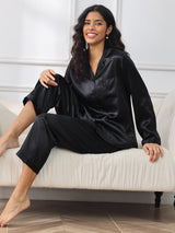 [Black] SilkSilky  Long Sleeve Lapel Collar Women's Pajamas 001