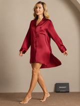 [Wine] SilkSilky  Long Sleeve Lapel Collar Nightshirt 008