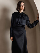 [Black] SilkSilky  Long Sleeve Tie Neck Women's Blouse 003