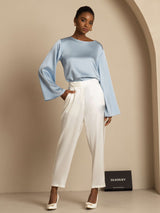 [Grayish Blue] SilkSilky  Long Sleeve Boat Neck Women's Blouse 007