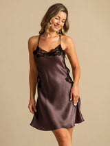 [Dark Brown] SilkSilky  Spaghetti Strap V Neck Nightgown 001
