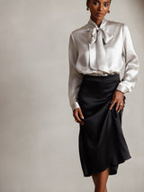 [Light Gray] SilkSilky  Long Sleeve Tie Neck Women's Blouse 001