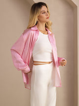 [Pink Pinstripe] SilkSilky Long Sleeve Lapel Collar Women's Shirts 005