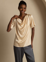 [Champagne] SilkSilky  Short Sleeve Cowl Neck Women's Blouse 003