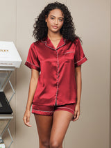 [Wine] SilkSilky  Short Sleeve Lapel Collar Women's Pajamas 004