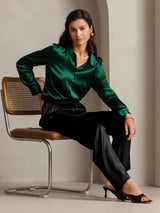 [Dark Green] SilkSilky  Long Sleeve Lapel Collar Women's Shirts 003