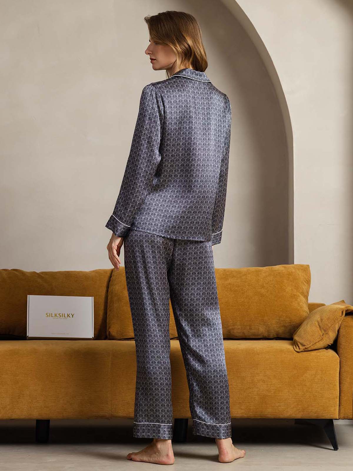 Women's navy ginkgo print silk pajama set with long sleeves and notched collar
