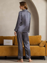 Women's navy ginkgo print silk pajama set with long sleeves and notched collar