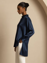 [Dark Blue] SilkSilky  Long Sleeve Stand Collar Women's Blouse 003