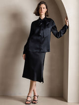 [Black] SilkSilky  Long Sleeve Tie Neck Women's Blouse 001