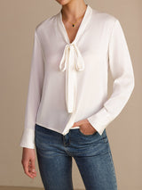 [White] SilkSilky  Long Sleeve Tie Neck Women's Blouse 006
