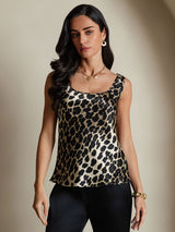Leopard print silk sleeveless U-neck tank top with straight fit