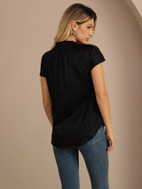 [Black] SilkSilky  Short Sleeve Split Women's Blouse 002