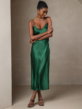 [Green] SilkSilky  Spaghetti Strap V Neck Dress 005