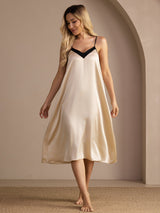 Cream 19 Momme silk contrast V-neck midi nightgown with spaghetti straps