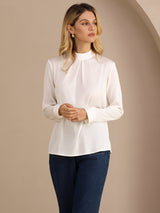 [White] SilkSilky Long Sleeve Stand Collar Women's Blouse 004