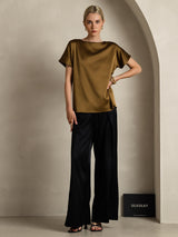 [Brown] SilkSilky  Short Sleeve Boat Neck Women's T-Shirt 001