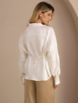 [White] SilkSilky  Long Sleeve Split Women's Blouse 002