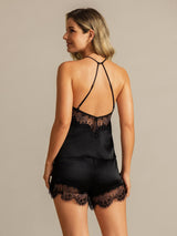 Black silk lace camisole set with halter straps and lace-trim shorts, back view