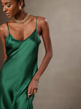 [Green] SilkSilky  Spaghetti Strap V Neck Dress 004