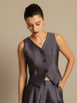 Dark gray silk-wool blend women's V-neck vest with button design