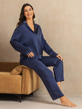 [Dark Blue] SilkSilky  Long Sleeve Lapel Collar Women's Pajamas 008