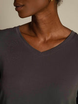 Dark gray pure silk V-neck women's T-shirt with smooth drape