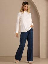 [White] SilkSilky Long Sleeve Stand Collar Women's Blouse 006