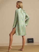 Leopard print pure silk women's nightshirt with high-low hem and long sleeves