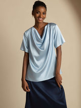 [Grayish Blue] SilkSilky  Short Sleeve Cowl Neck Women's Blouse 004