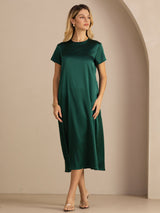 [Dark Green] SilkSilky  Short Sleeve Crew Neck Dress 005