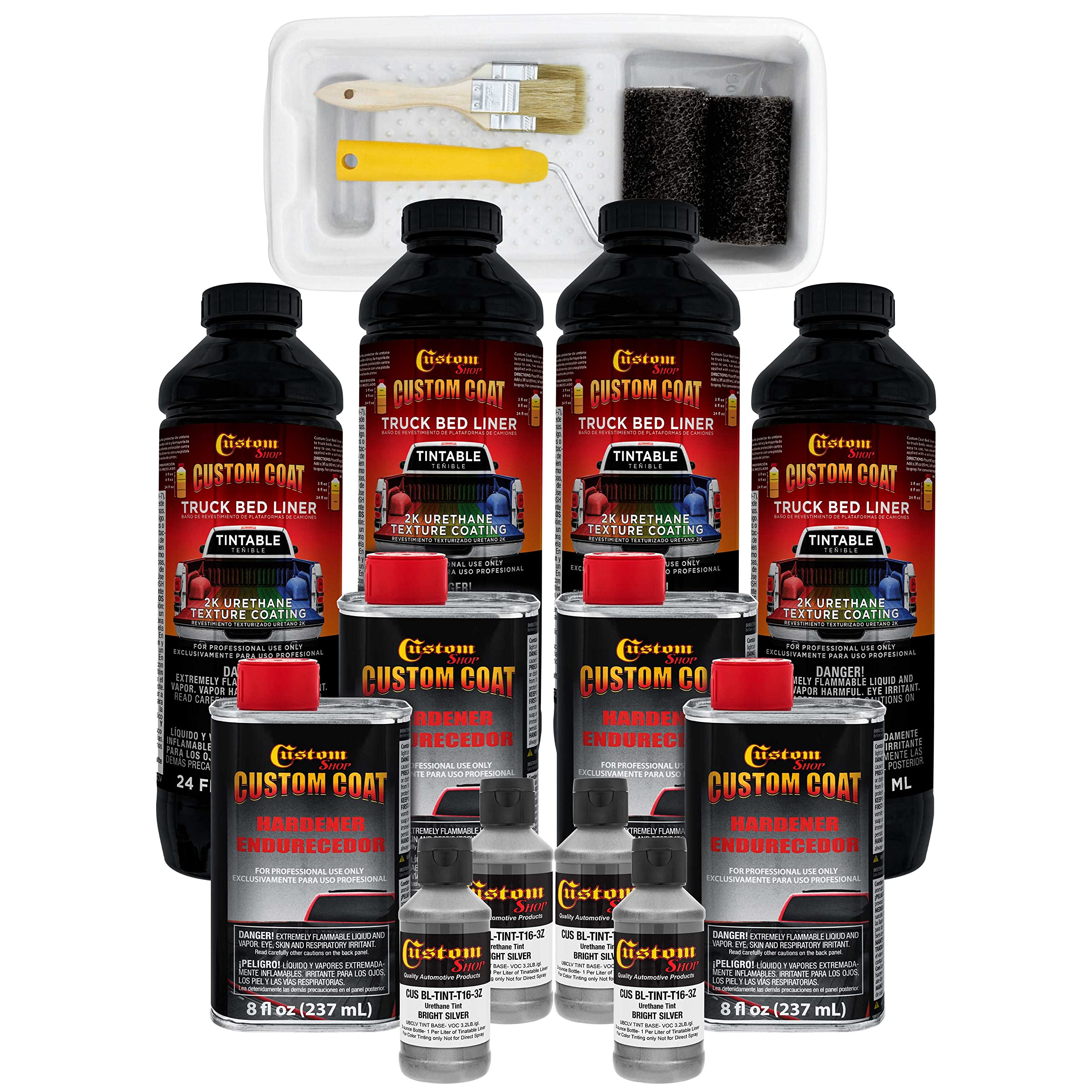 Custom Coat Bright Silver 1 Gallon Urethane Roll-On, Brush-On Or Spray-On Truck Bed Liner Kit With Roller And Brush Applicator K