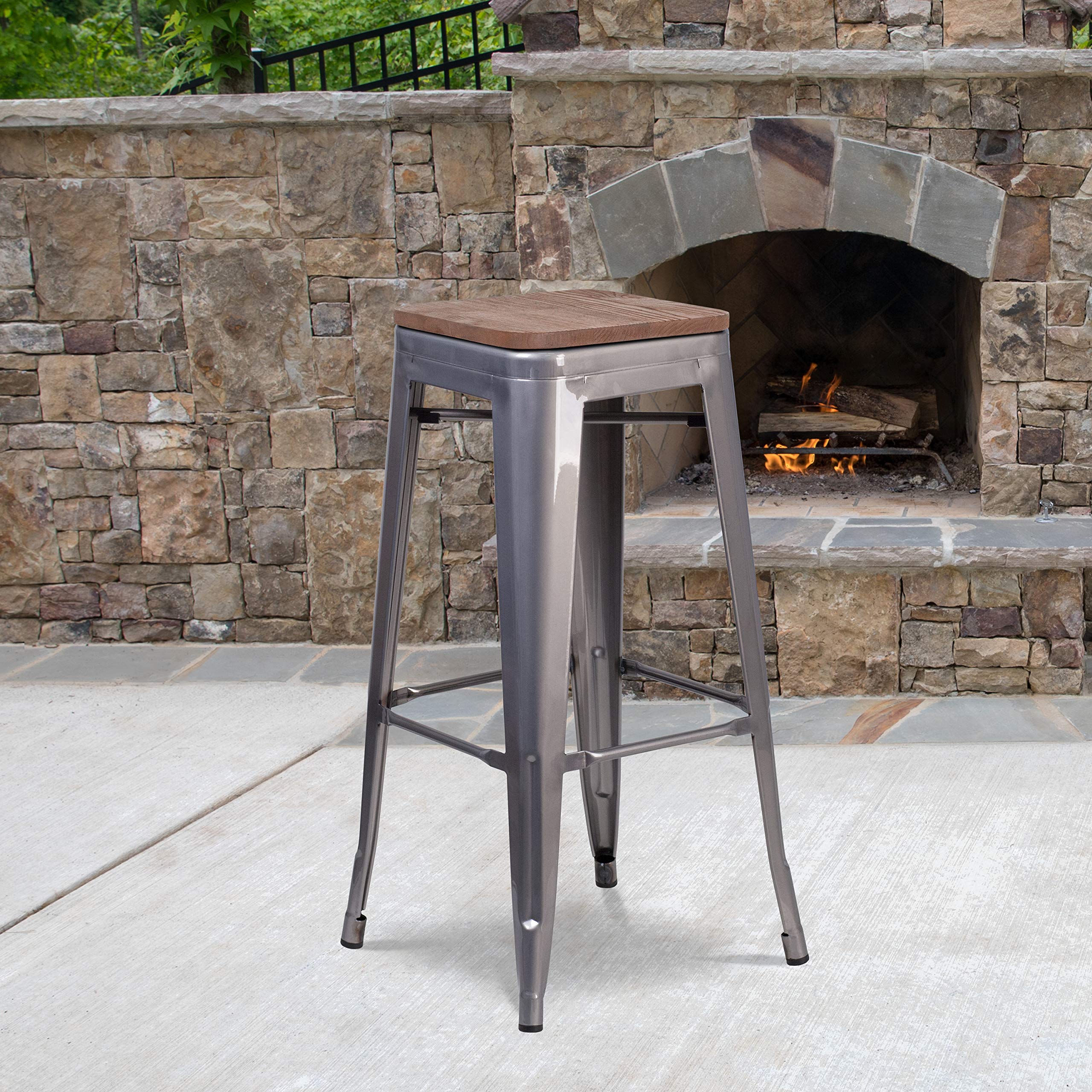 Flash Furniture Lincoln 30" High Backless Clear Coated Metal Barstool with Square Wood Seat
