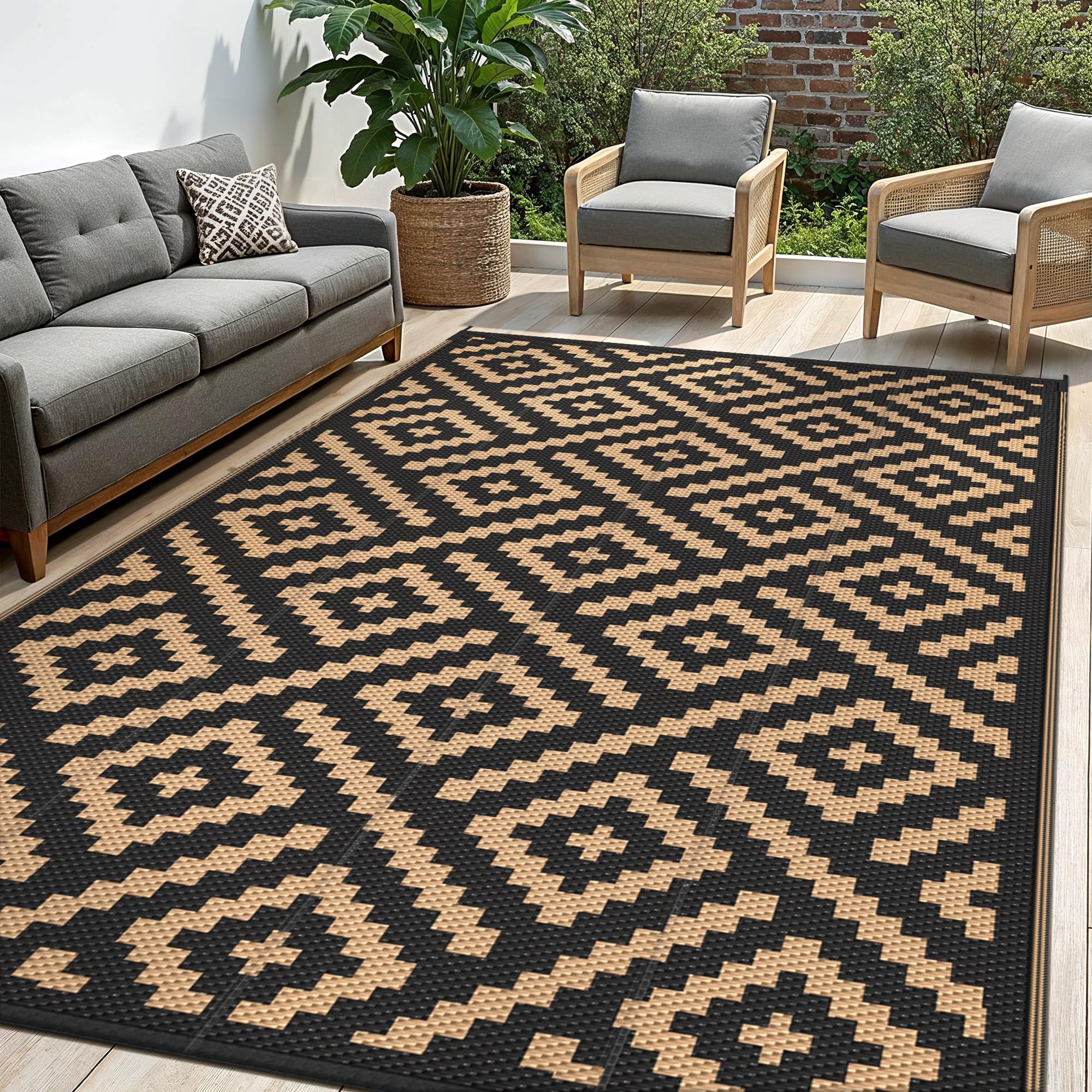 Sarben Waterproof Outdoor Rug 9X12 Ft, Patio Rug Mat, Reversible Plastic Straw Rug, Indoor/Outdoor Area Rugs Carpet For Rv, Camp