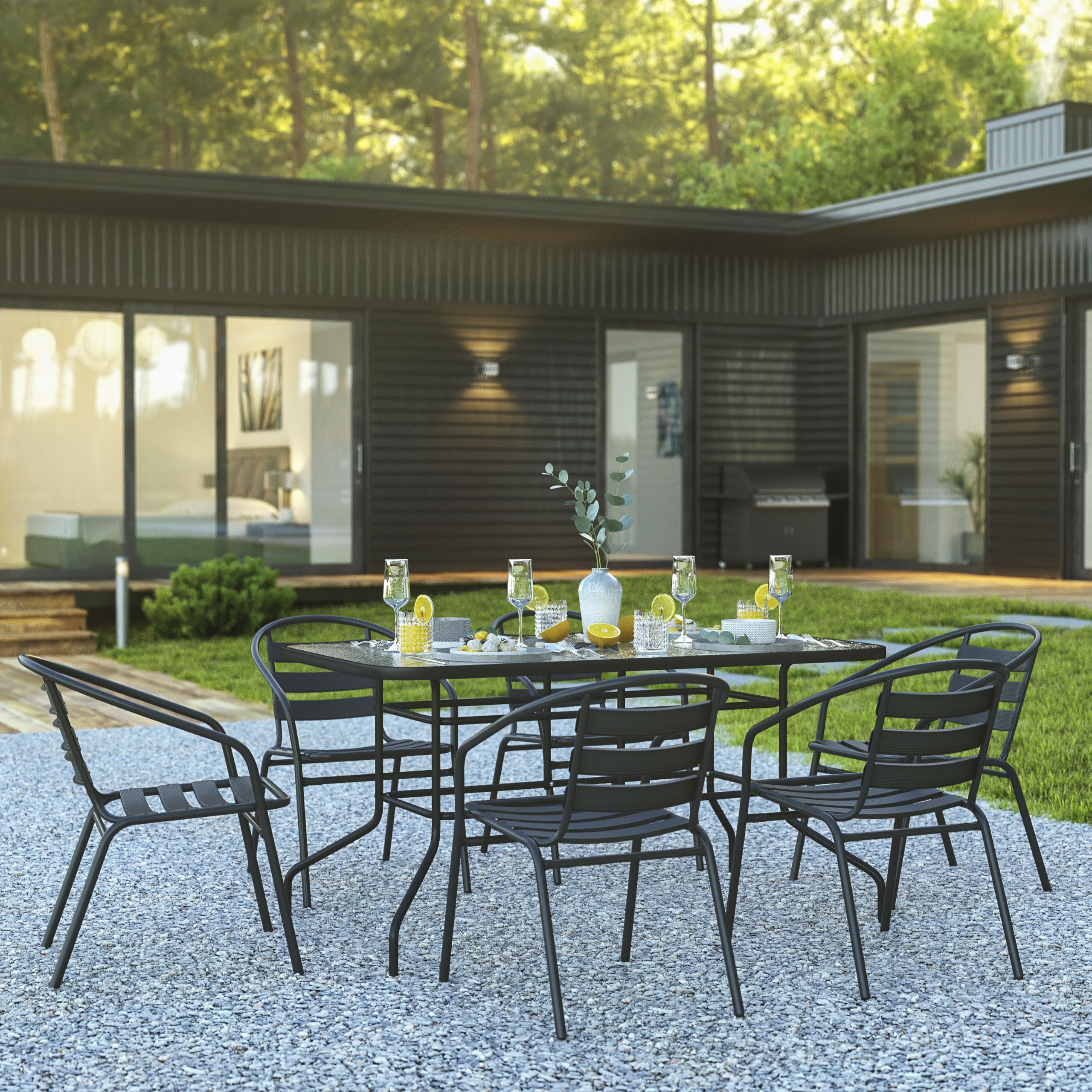 Flash Furniture Lila 7-Piece Glass Patio Table And Chairs Set, Outdoor Patio Dining Set With Rectangular Table And 6 Slat Back Patio Chairs, Black