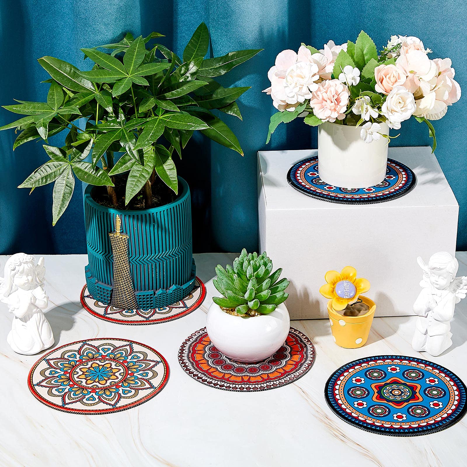6 Pcs Boho Plant Pot Mat Absorbent Non Slip Round Pot Coaster Pad Gardening Indoor Outdoor Flower Plant Protect For Table Desk Floor, 5.9 Inches